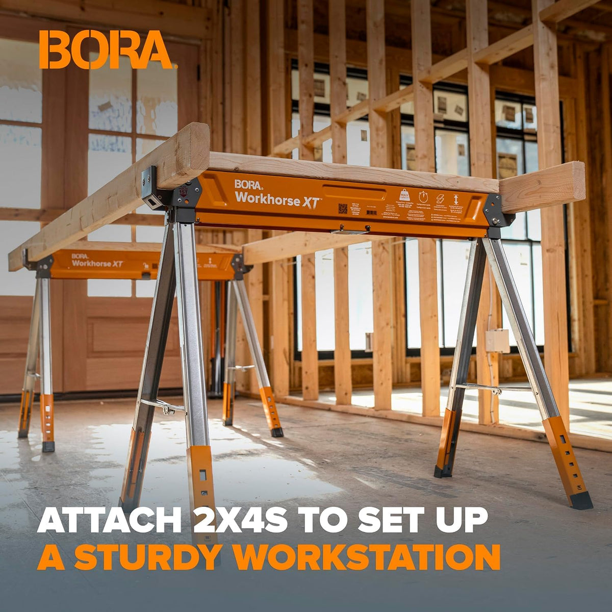 BORA Workhorse XT - Juego de 2 caballos de sierra plegables, resistentes, ajustables, altura ajustable, par de sawhorse con patas ajustables, caballo de sierra resistente para contratistas, banco de