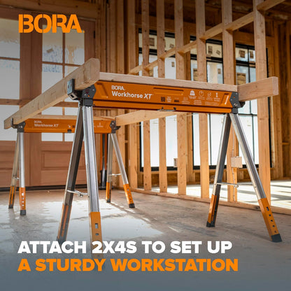 BORA Workhorse XT - Juego de 2 caballos de sierra plegables, resistentes, ajustables, altura ajustable, par de sawhorse con patas ajustables, caballo de sierra resistente para contratistas, banco de