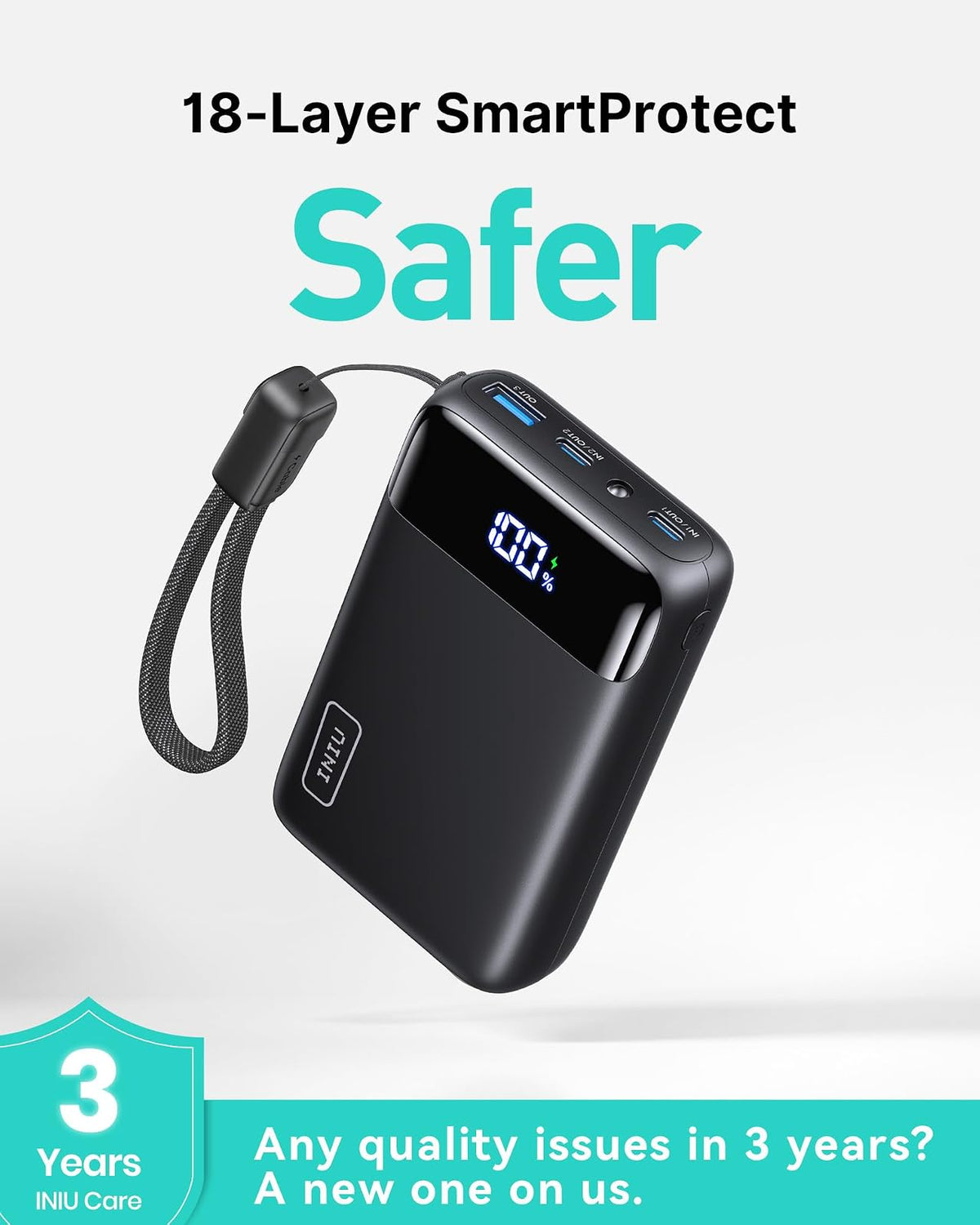 INIU Power Bank, cargador portátil más pequeño de 20000 mAh con cable USB C, 22.5 W PD paquete de batería de teléfono de carga rápida, visualización LED Powerbank para viajes Xiaomi iPhone 17 16 15 14