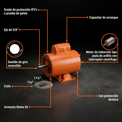 Truper MOE-3/4A, Motor eléctrico monofásico de 3/4 HP, alta velocidad, servicio continuo y reversible