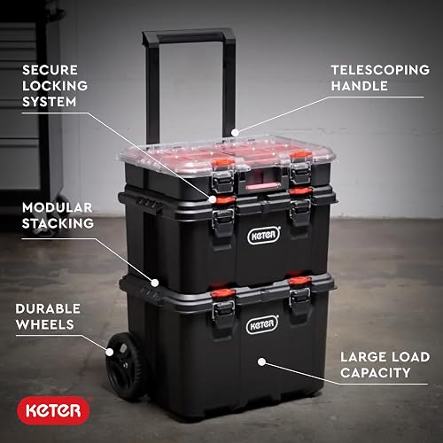 Keter Stack-n-Roll Organizador de herramientas modulares para almacenamiento de cochera y bricolaje, sistema de caja de herramientas rodante de resina de 3 piezas para piezas pequeñas