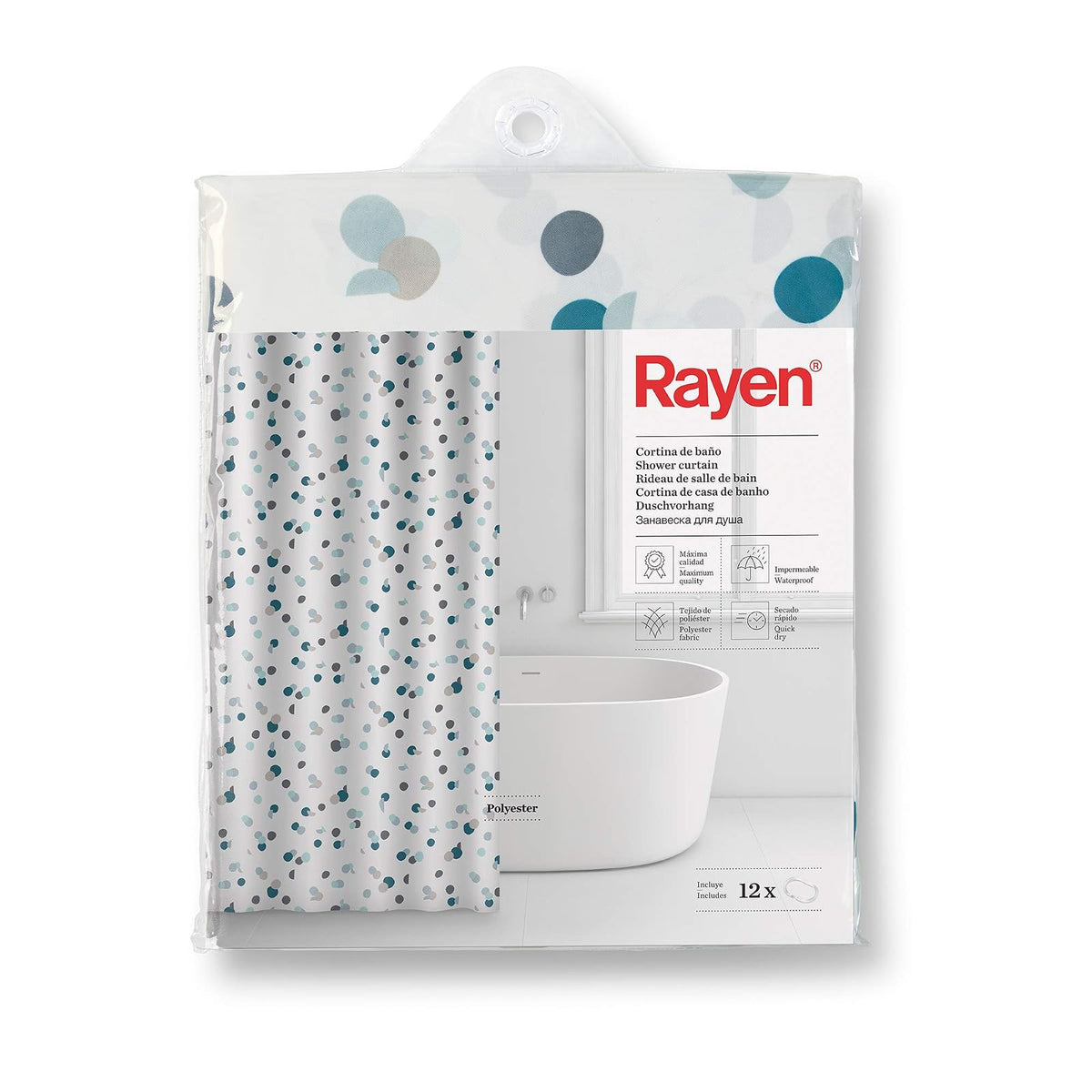 RAYEN | Cortinas de baño | Cortina de Ducha o bañera | Impermeable | Poliéster | Secado rápido | Opaco Anillos de PVC | Incluye 12 Ganchos | 180 x 200 cm | Blanco con Lunares Azules