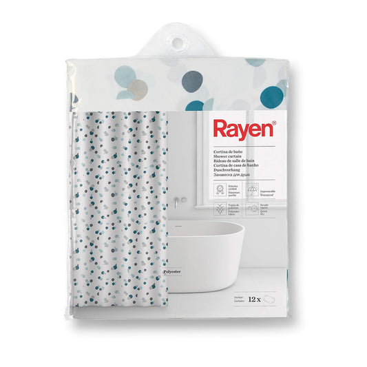 RAYEN | Cortinas de baño | Cortina de Ducha o bañera | Impermeable | Poliéster | Secado rápido | Opaco Anillos de PVC | Incluye 12 Ganchos | 180 x 200 cm | Blanco con Lunares Azules
