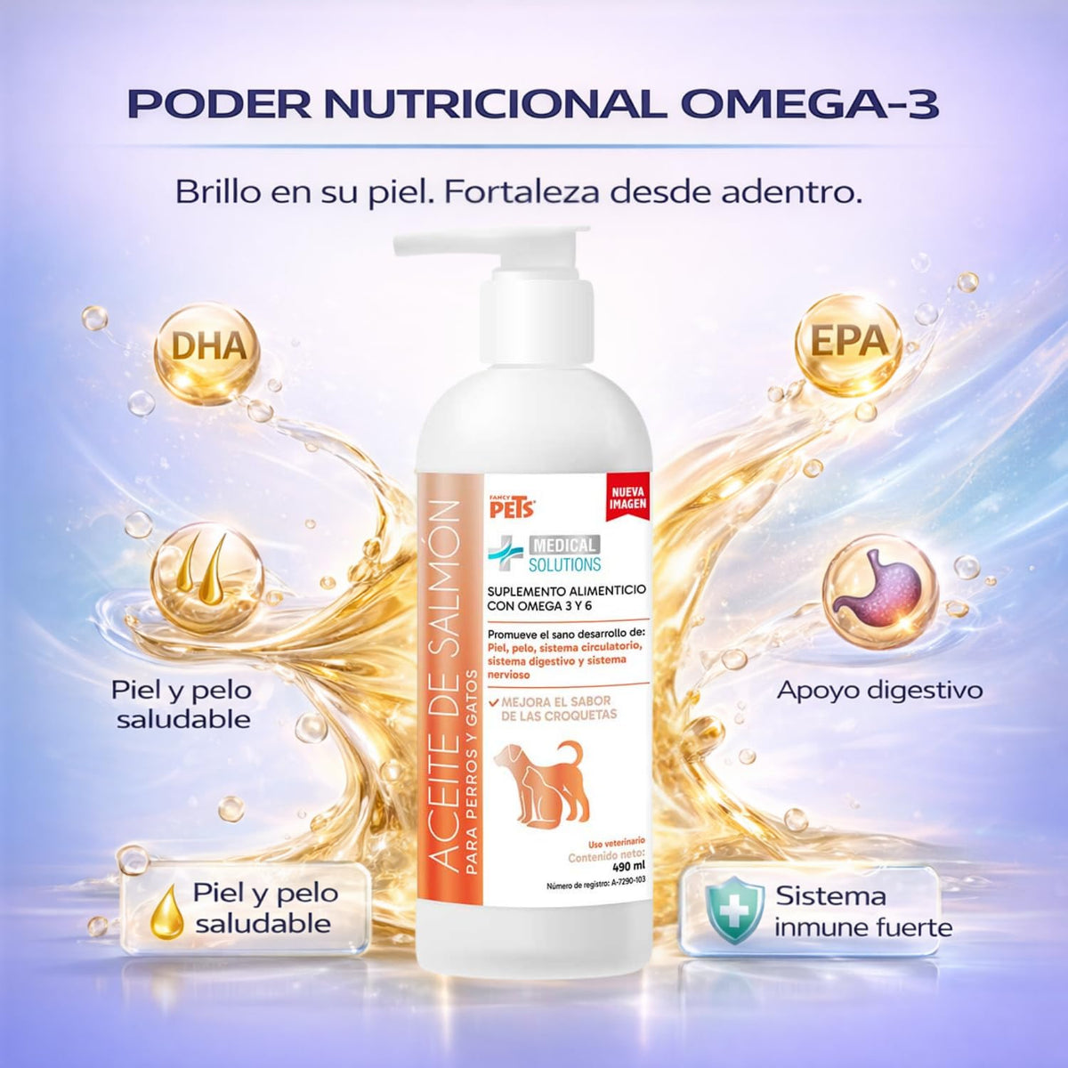 Fancy Pets Aceite de Salmon para Perros y Gatos Medical Solutions con 490ml | Omega 3 con DHA y EPA | Suplemento para Piel Sana, Pelaje Brillante y Sistema Inmune Fuerte
