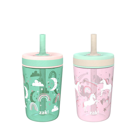 Zak Designs Kelso - Vasos para niños pequeños para viajes o en casa, paquete de 2 vasos de plástico duraderos de 15 onzas con diseño a prueba de fugas, perfectos para niños (unicornio feliz, cielos