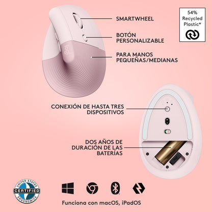 Logitech Lift Mouse Ergonómico Vertical, Inalámbrico, Bluetooth o Receptor Logi Bolt USB, clics Silenciosos, 4 Botones, Compatible con Windows/macOS/iPadOS, Laptop, PC - Rosa