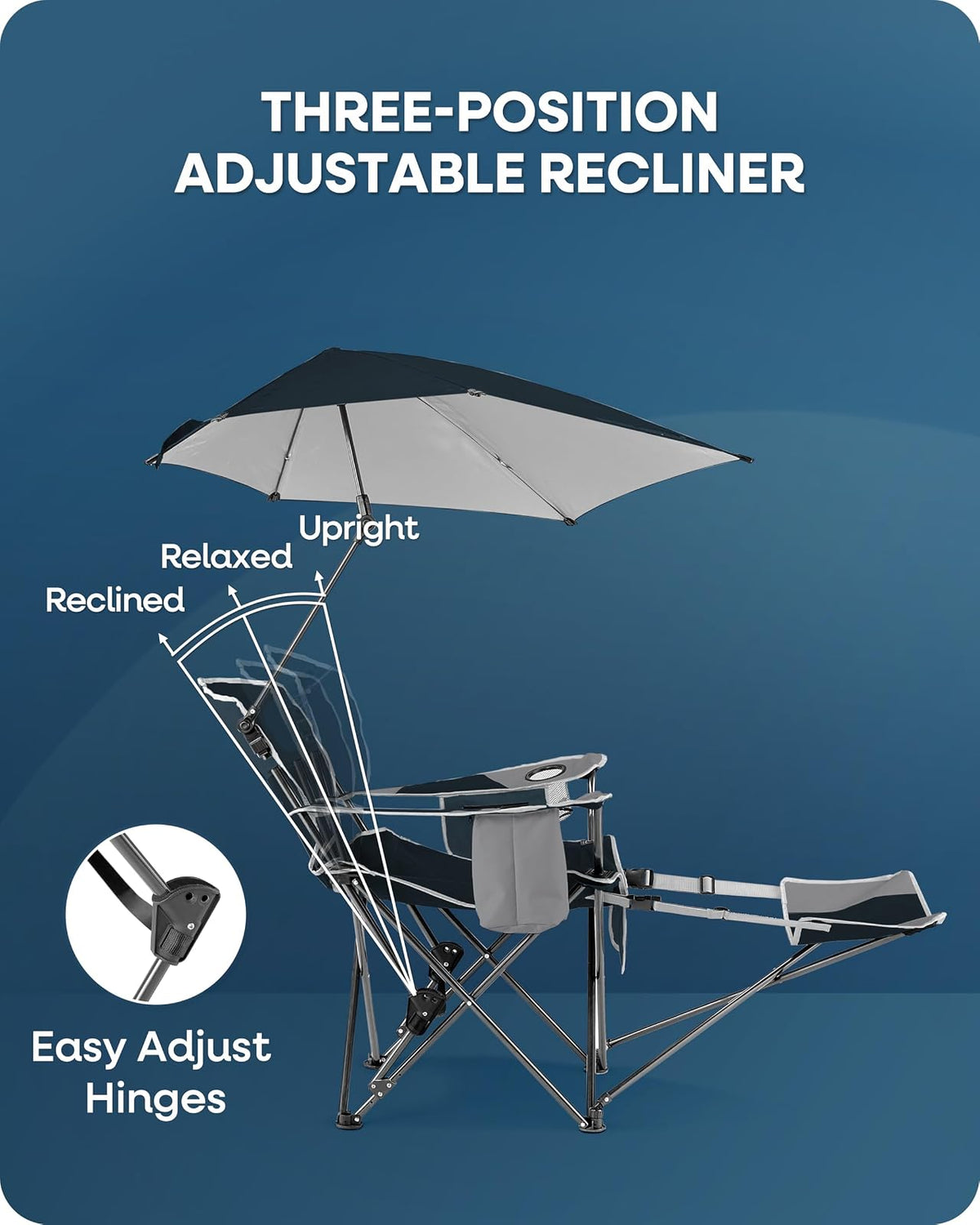 Sport-Brella BRE03-605-04-P Silla reclinable | Azul; armadura 60x100 cm, 3 inclinaciones, brazo giratorio, enfriador, abrebotellas y portavasos