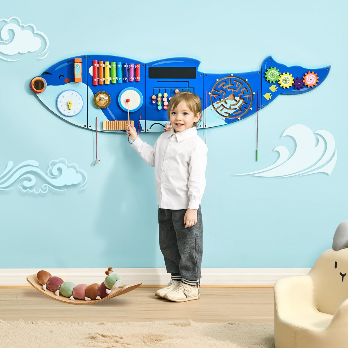 VEVOR Paneles de Actividades de Pared con Forma de Orca, 12 Actividades, Juguete Sensorial de Pared Montessori para Niños de 3 a 12 Años para Salas de Juegos Infantiles y Aulas de Guardería