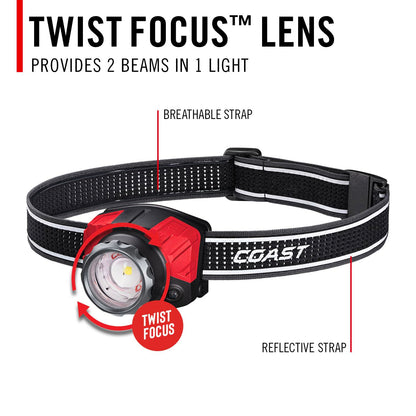 Coast® FL85R 1000 lúmenes tricolor (blanco/rojo/verde) Focusing LED recargable faros delanteros con batería recargable incorporada