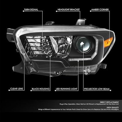 DNA MOTORING Conjunto de Faros Delanteros Compatibles con Tacoma 2016-2023 LED DRL Bisel Negro