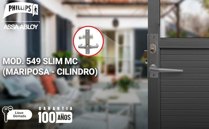 Phillips Cerradura Modelo Slim 549 Manija Delgada Perfil Aluminio Plata