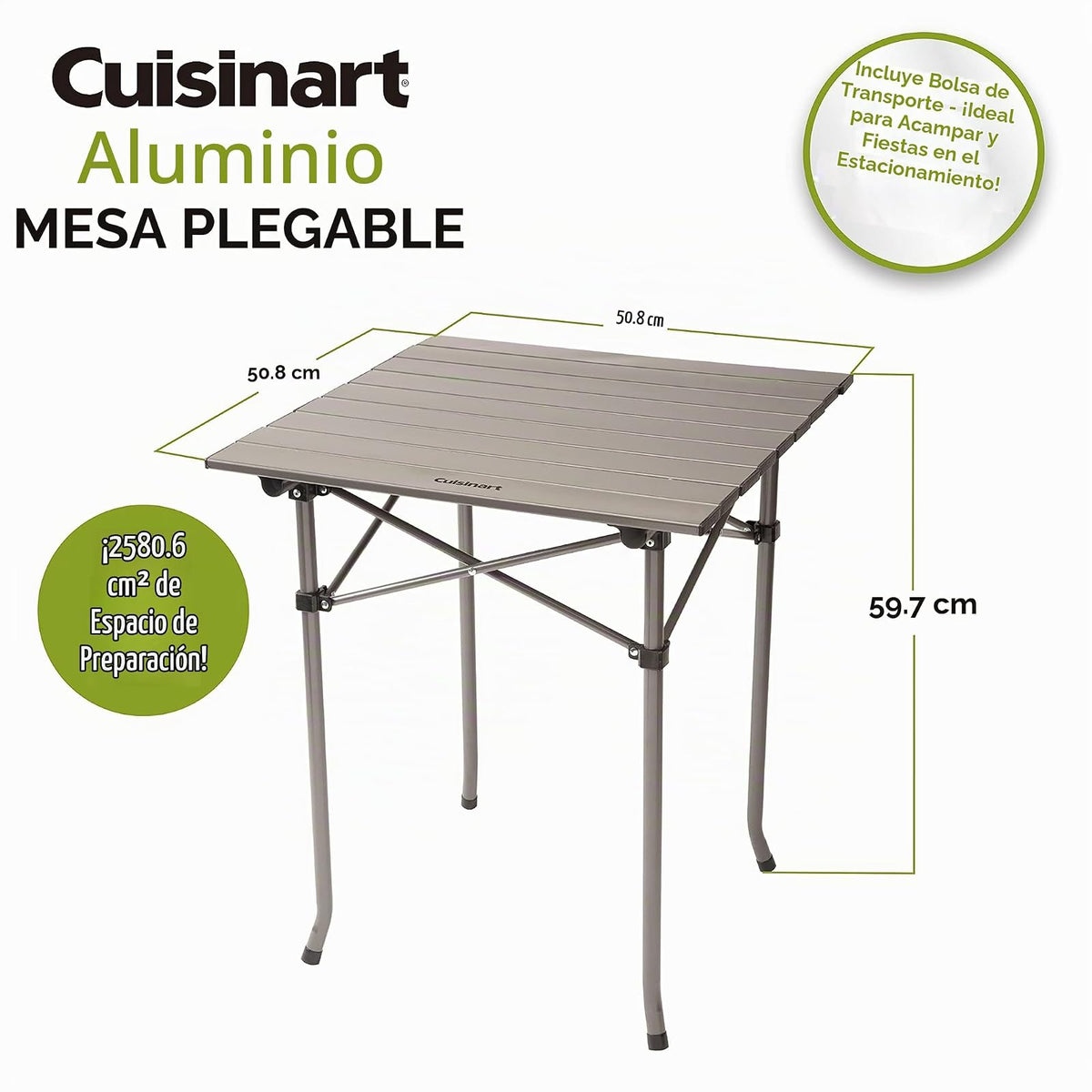 Cuisinart Mesa Plegable Exterior 51 cm Portátil Camping | Mesa fácil de transportar y de montar,Superficie de 20 x 20 tiene el tamaño perfecto para parrillas y calentadores portátiles