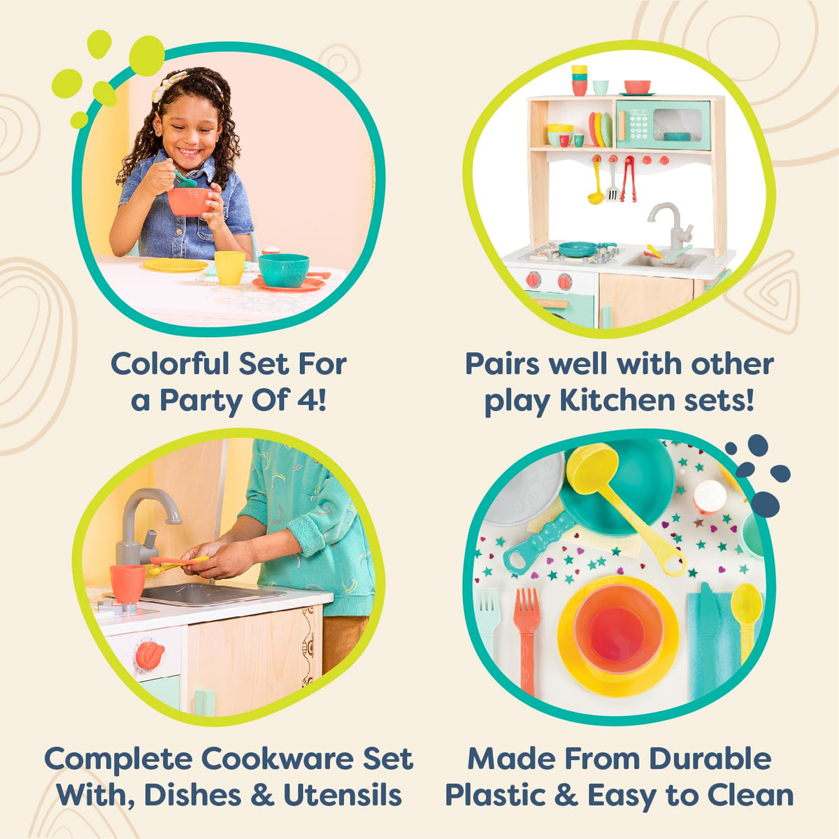 B. toys Mini Chef, Accesorios de Cocina y vajilla de Juguete | Set de juego de 33 piezas con olla, sartén, colador, utensilios, platos, cuencos, vasos y cubiertos para 4, 3 años y +