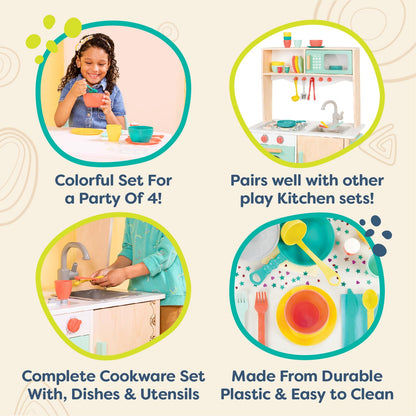 B. toys Mini Chef, Accesorios de Cocina y vajilla de Juguete | Set de juego de 33 piezas con olla, sartén, colador, utensilios, platos, cuencos, vasos y cubiertos para 4, 3 años y +