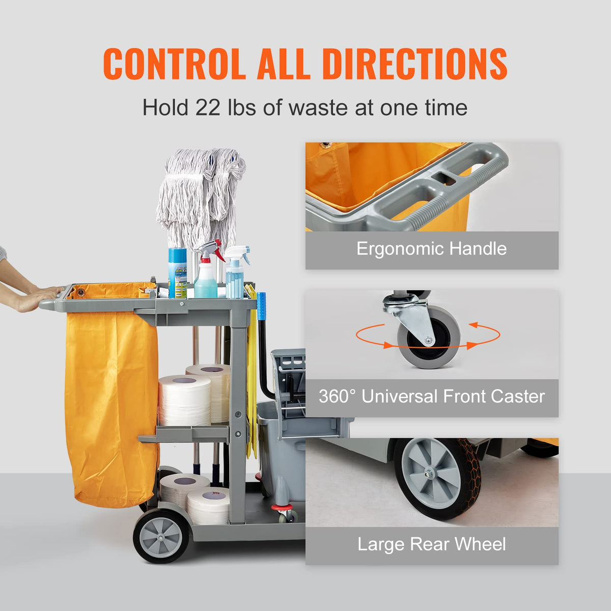 VEVOR - Carrito de Limpieza Comercial, 3 estantes, Carro de Limpieza de plástico de 200 Libras, con Bolsa de PVC de 25 galones, 47 x 20 x 38.5 Pulgadas, Amarillo + Gris