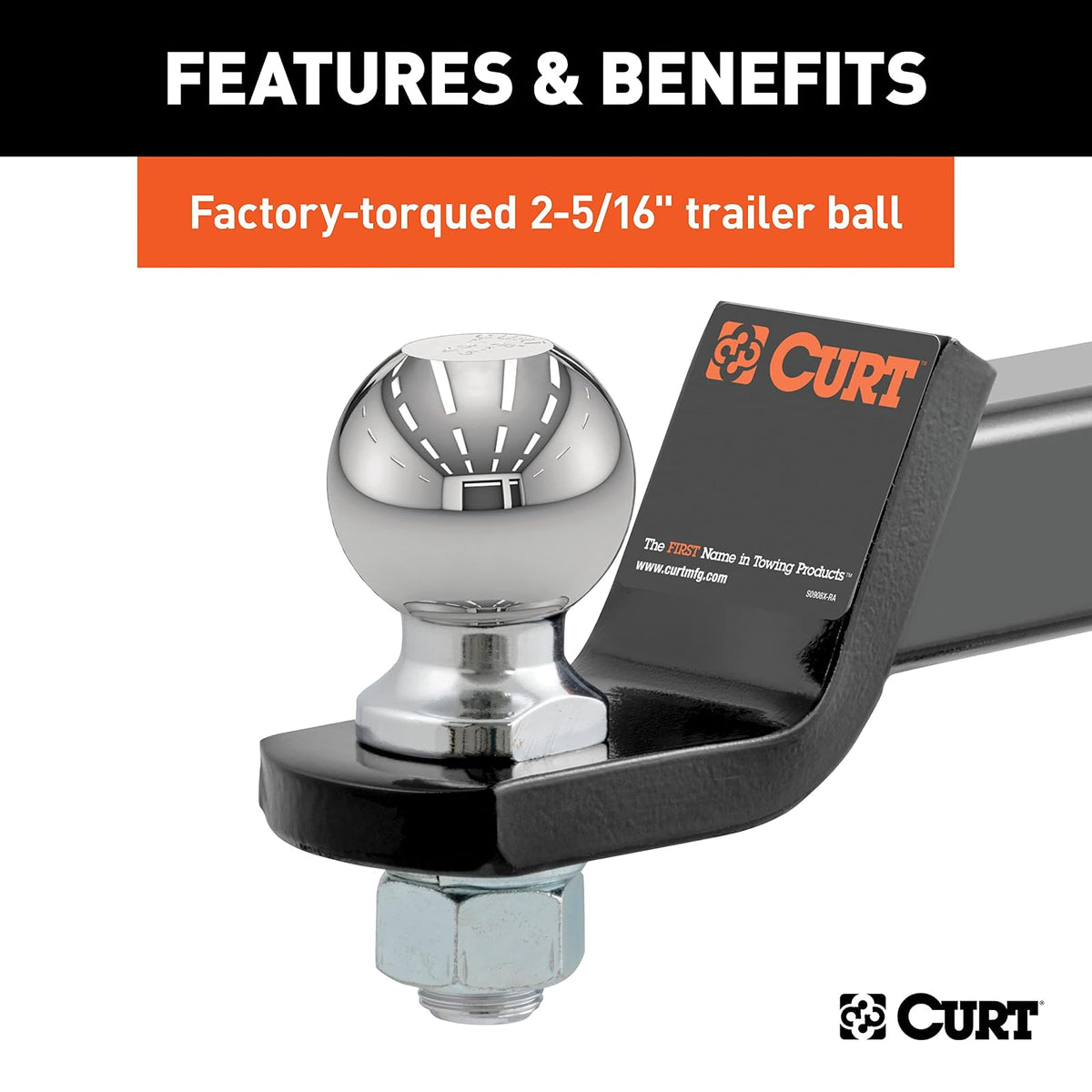 CURT Soporte de Enganche de Remolque con Bola de 2-5/16 in y Pasádor para Receptor de 2 in 45041, 7000 LB, Caída de 2 in, Negro