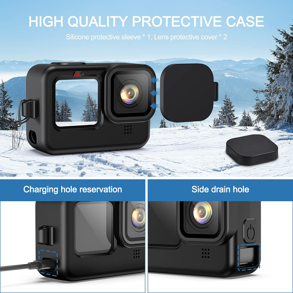Kuptone Funda de silicona para GoPro Hero 11 Hero 10 Hero 9, 6 protectores de visualización de vidrio templado + puerta lateral + tapas de lente para Go Pro Hero 11/10/9 Kit de accesorios