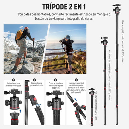 NEEWER 66"/168cm Fibra de Carbono Tripode para Camara con 360° Rotula, N55C | Panorama, 1/4" Arca Placa QR, Portatil Bolsa, Compacto Viaje Tripode Monopod para DSLR Video Camcorder