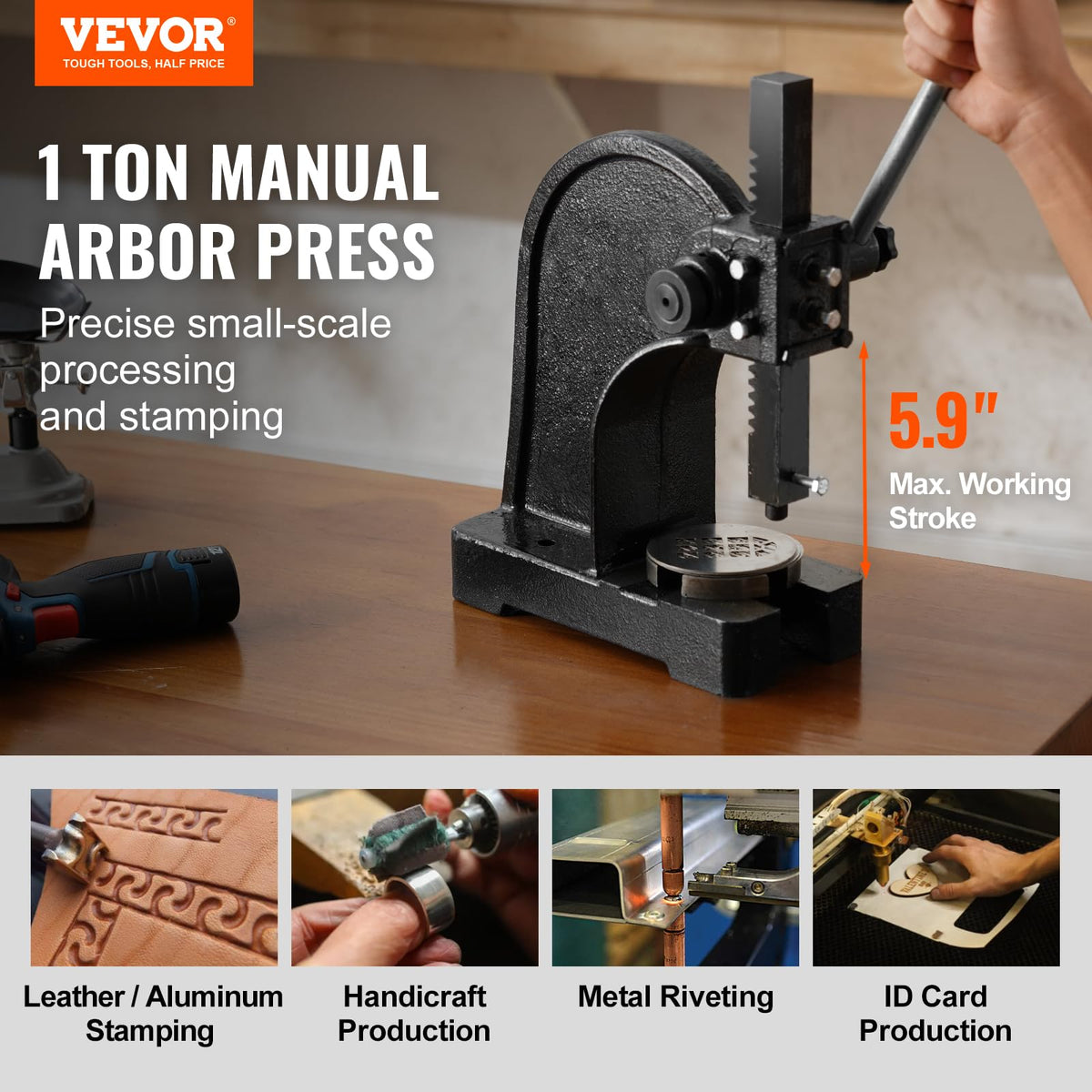 VEVOR Prensa de Eje Prensa de Eje Manual 1 T Altura Máxima de 150 mm Hierro Fundido Resistente Prensa Manual de Precisión para Estampar, Doblar, Estirar, Formar