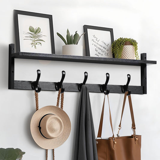 Tatub - Perchero de pared de 29 pulgadas con estante, ganchos de pared de madera con almacenamiento, estante de entrada con 5 perchas para baño, sala de estar, recámara, negro