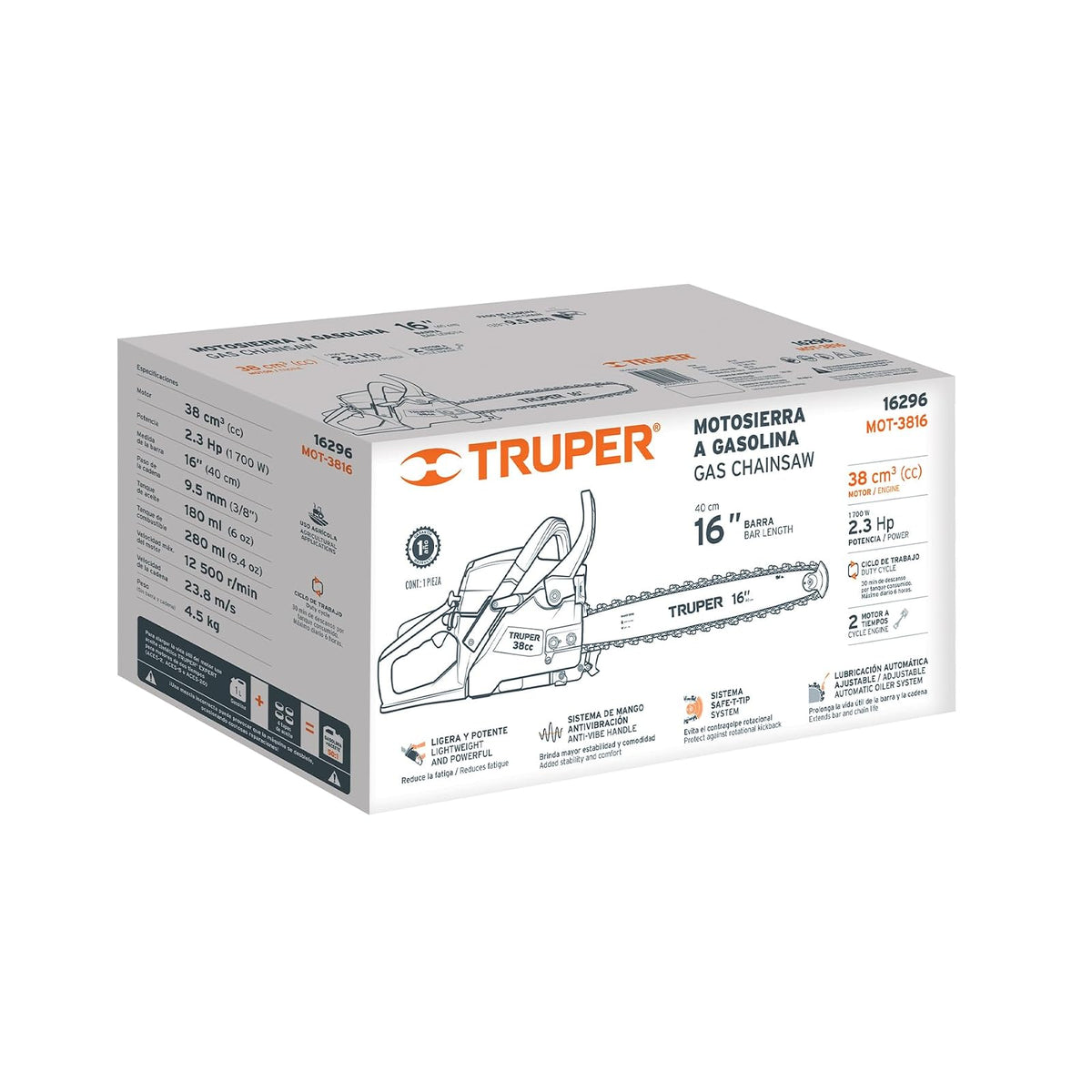 Truper MOT-3816, Motosierra 38 cc a gasolina con barra de 16" motor de 2.3 Hp
