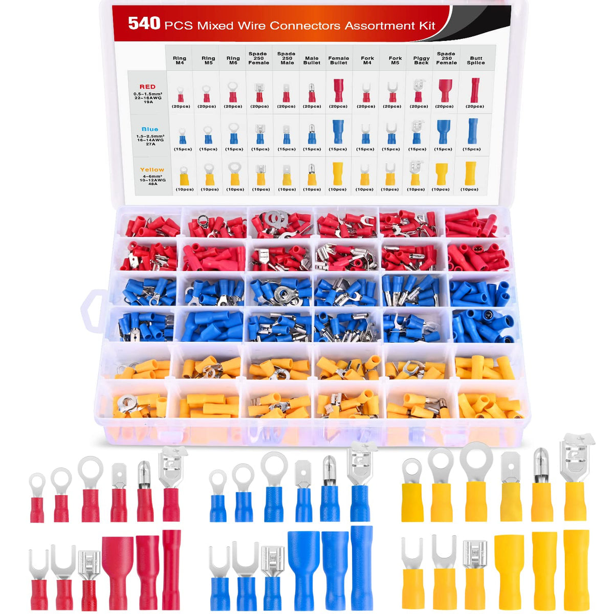 Nilight - Kit surtido de conectores de cables eléctricos de calibre 22-16/16-14/12-10, 540 piezas