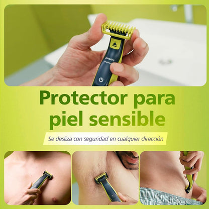Philips OneBlade Afeitadora y Recortadora Eléctrica Face & Body para Hombre | Recorta, perfila y afeita | Corta el vello, no tu piel | Uso seco y húmedo | 5 accesorios y cuchilla adicional | QP2824/10