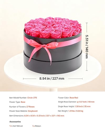VEVOR 27 Rosas Eternas en Caja Redonda, Ramo de Flores Preservadas, Caja de Regalo de Flores para Esposa, Madre, Pareja, Boda, Día de la Madre, San Valentín, Navidad, Rosa Roja, 227 x 227 x 140 mm