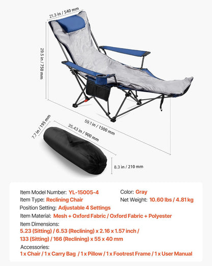 VEVOR Silla de Camping Plegable, 4 Posiciones Ajustables, Silla Reclinable y Portátil para Adultos con Reposapiés y Cojín Suave, Capacidad de Carga de 100 kg, para Playa, Jardín y Patio, Gris