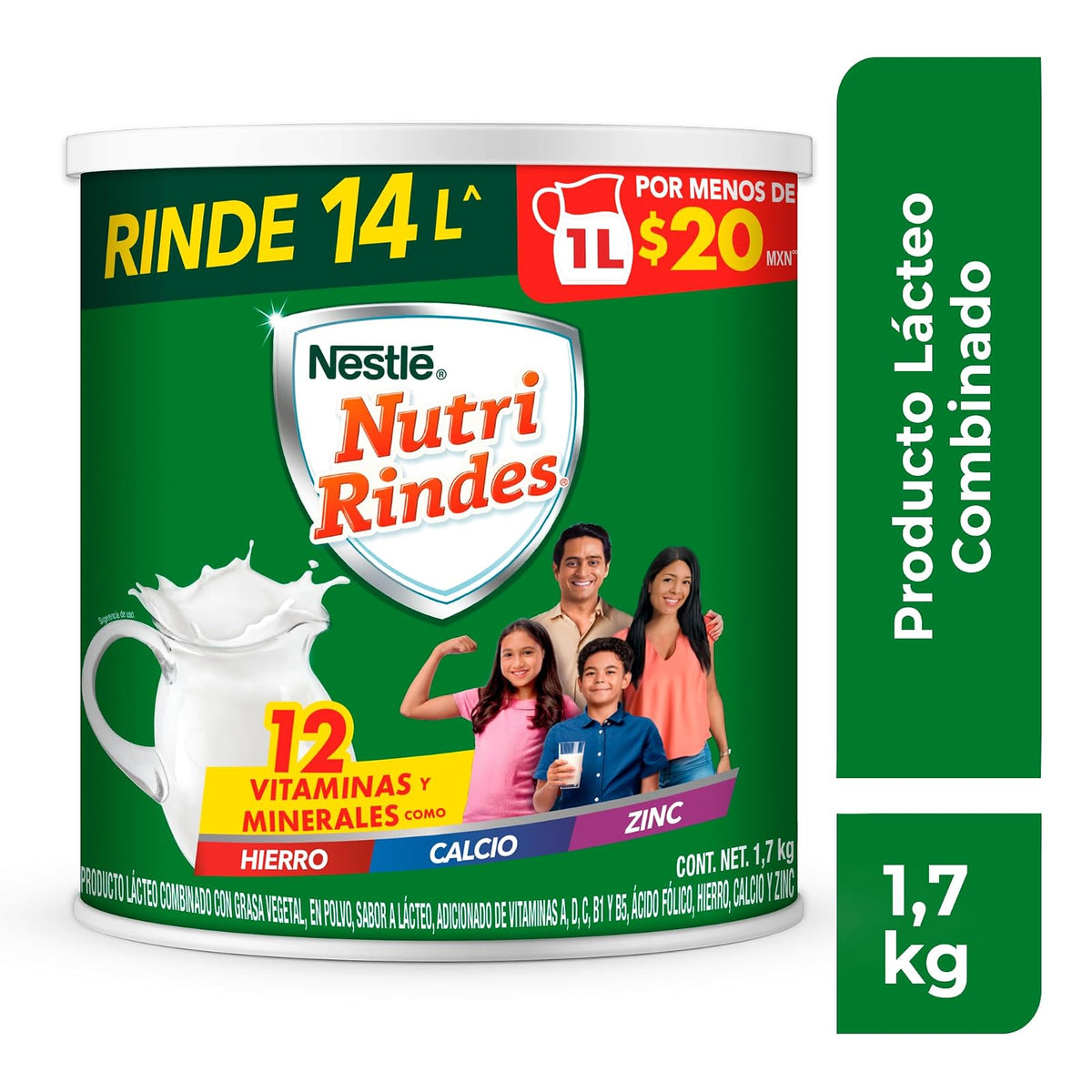 Nutri Rindes en Polvo,Adicionado de Vitaminas A, D, C, B1 y B5, Hierro, Ácido Fólico, Calcio, Hierro y Zinc, Lata de 1.7 kg
