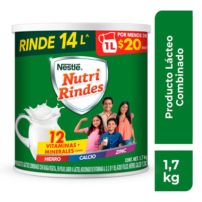 Nutri Rindes en Polvo,Adicionado de Vitaminas A, D, C, B1 y B5, Hierro, Ácido Fólico, Calcio, Hierro y Zinc, Lata de 1.7 kg