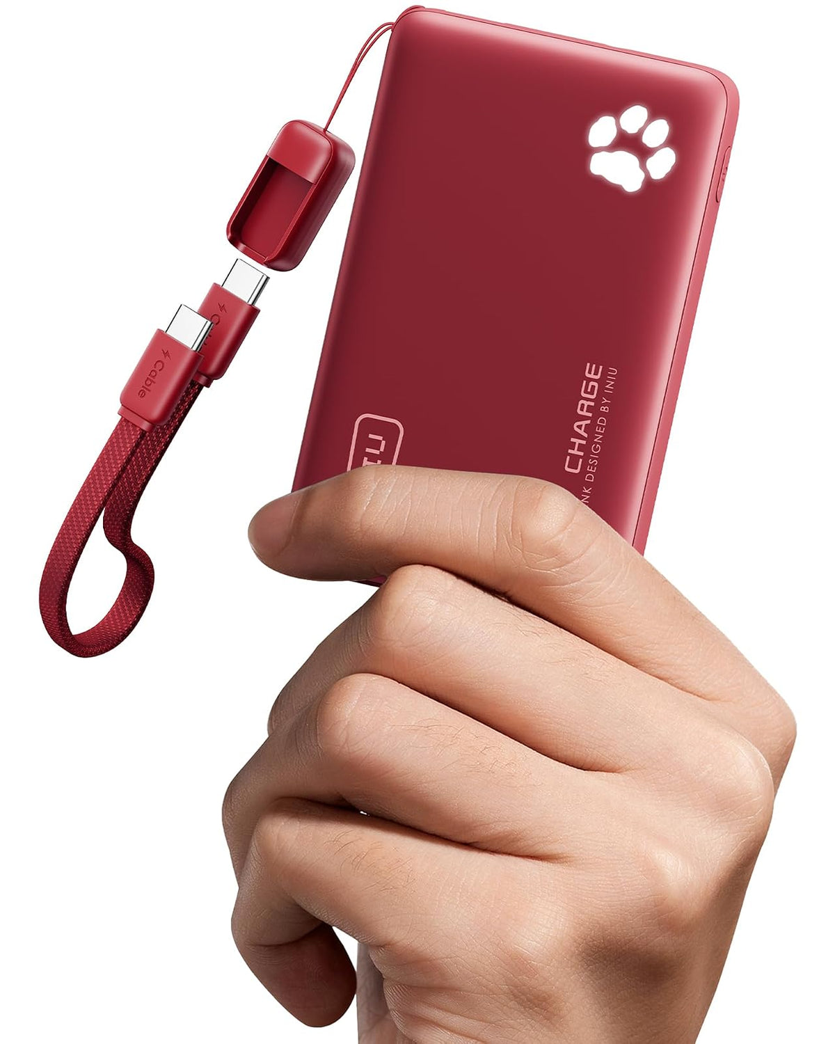 INIU Power Bank 10000mAh 45W con Cable USB-C Integrado - Rojo - Versión Compacta