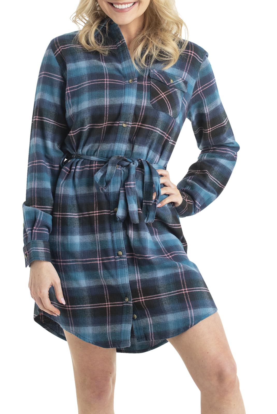 Legendary Whitetails - Vestido para Mujer de Espacios Abiertos, de Franela a Cuadros, Manga Larga, con Botones, con cinturón