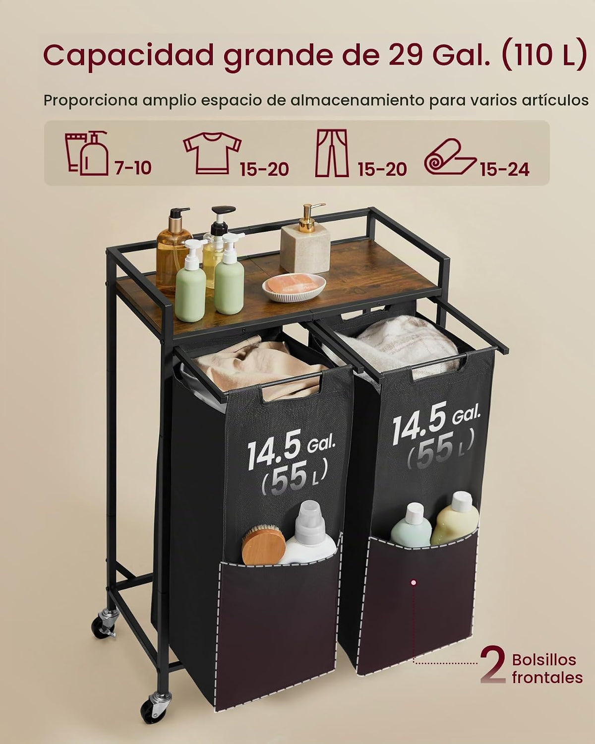 VASAGLE Cesto de Ropa Sucía con 3 Compartimentos, Carrito Rodante con Ruedas con Freno, Estante Superior, Bolsas Extraíbles, 93x32x93 cm MBLH021B01