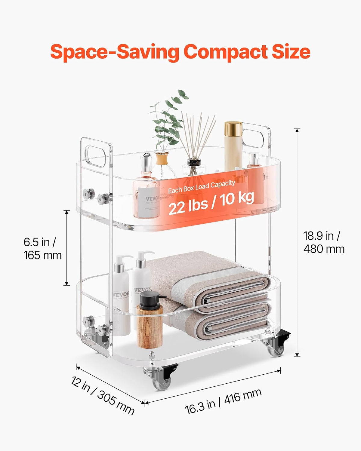 VEVOR Mesa Auxiliar de Acrílico con Ruedas 30,5 x 41,6 x 48 cm, Carro de Acrílico de 2 Niveles Transparente, Mesa de Centro con Estante de Almacenamiento para Salón, Dormitorio, Bar, Oficina