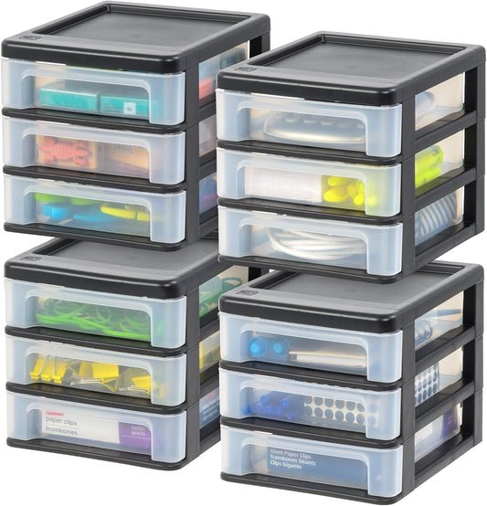 IRIS USA Paquete de 4 Organizadores Apilables de 3 Cajones, Negro | Organiza artículos de oficina, papelería, maquillaje, manualidades y esenciales diarios en el escritorio