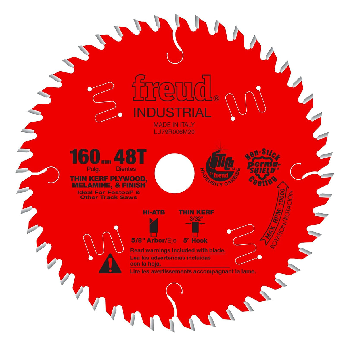Freud LU79R006M20: hoja de madera contrachapada y melamina de 160 mm - Perma-Shield - Hoja de sierra de melamina y contrachapado fino para sierras Festool, eje de 20 mm, 160 mm por 48 dientes