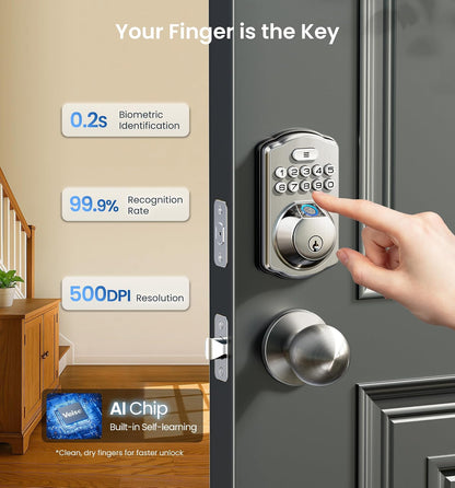 Veise KS02A - Cerradura de puerta de entrada sin llave de huellas dactilares, bloqueo automático, cerrojo electrónico para puerta delantera, biométrico, contraseña antipeeping, fácil instalación