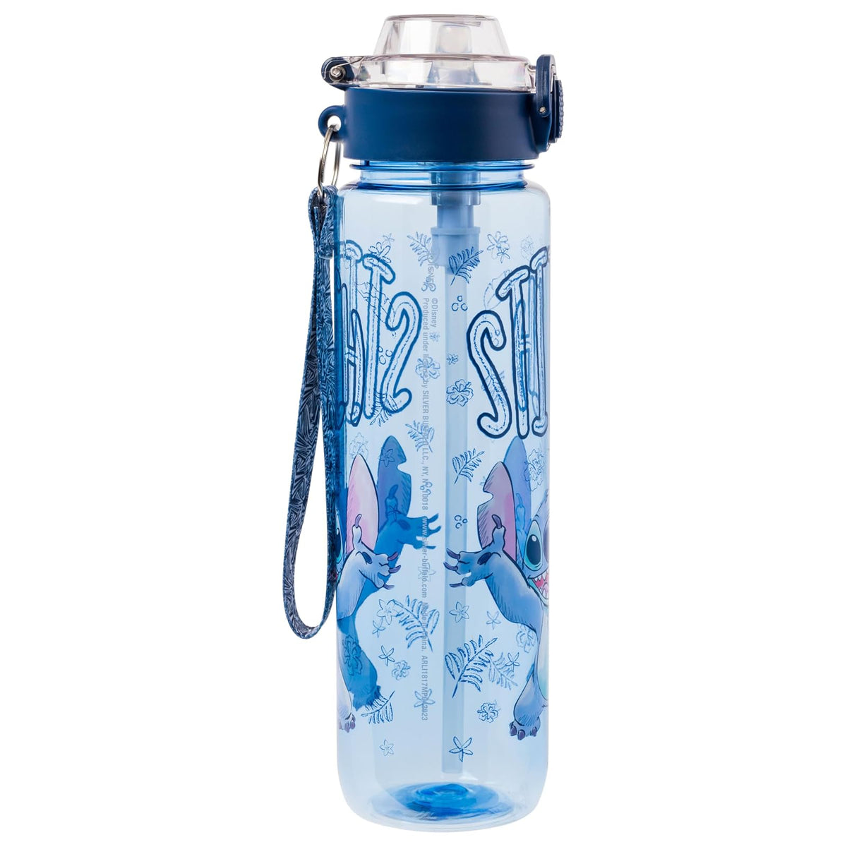 Silver Buffalo Disney Lilo and Stitch Botella de agua de plástico con tapa de bloqueo, correa y popote, 32 onzas