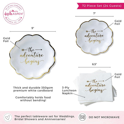 Kate Aspen The Adventure Begins 72 Piece Classic & Elegant Paper Party Tableware Set (24 Guests), Party Supplies, Wedding Decor for Bridal Showers, Engagements and Receptions