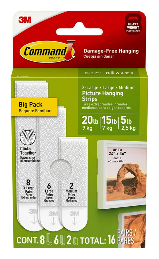 Command Paquete variado de tiras para colgar fotos, sin daños, sin herramientas, tiras para colgar en la pared para espacios de vida, blanco, 2 pares medianos, 6 pares grandes y 8 pares extra grandes
