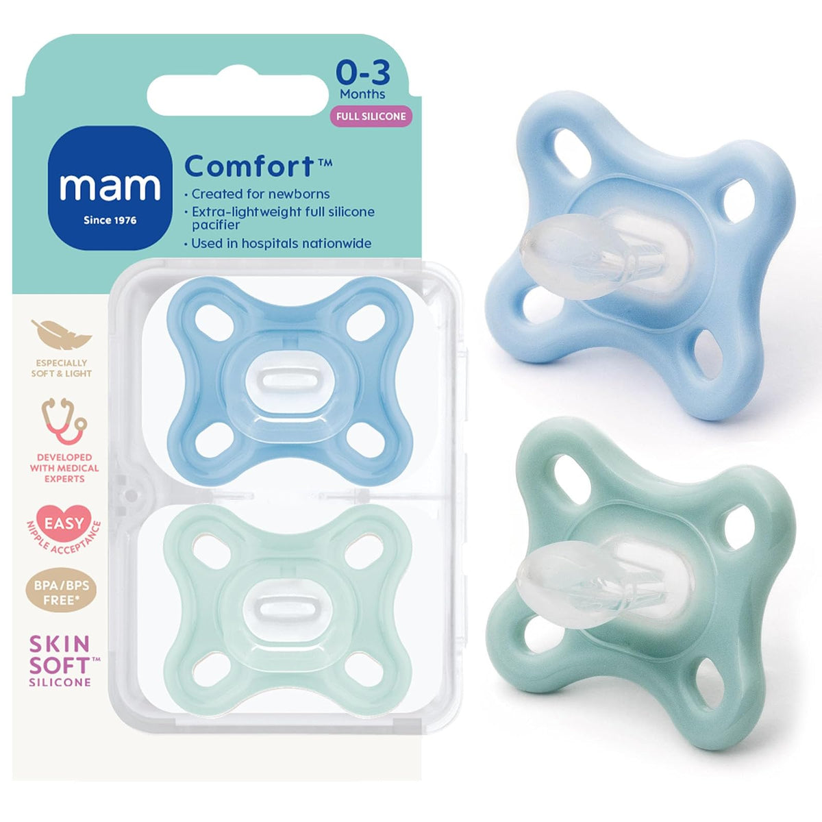 MAM Comfort Chupón de Silicona de una Pieza para Recién Nacido, 2 Piezas - Azul