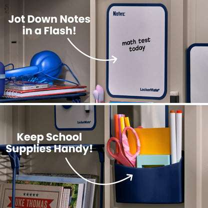 LockerMate Kit Organizador de 7 Piezas, Incluye Estante de casillero, Espejo, Pizarra Blanca, Taza de Almacenamiento y Marcador de borrado en seco, Azul Marino