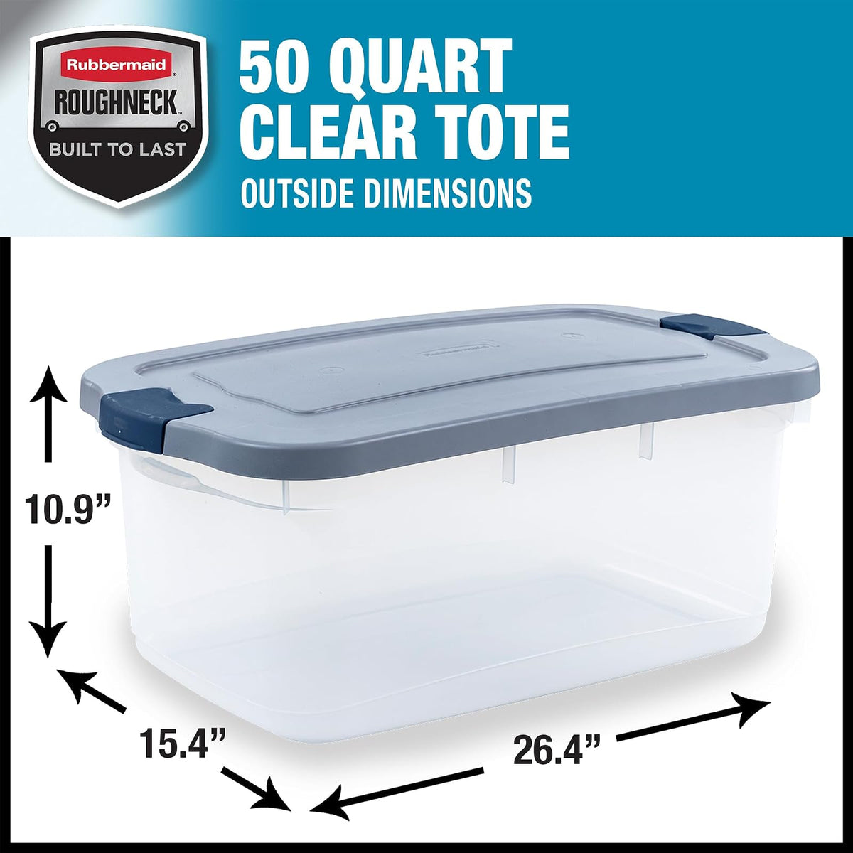 Rubbermaid Roughneck - Contenedores de almacenamiento transparentes de 50 cuartos de galón/12 galones, paquete de 5 con tapas grises con cierre, base visible, resistente y apilable, ideal para