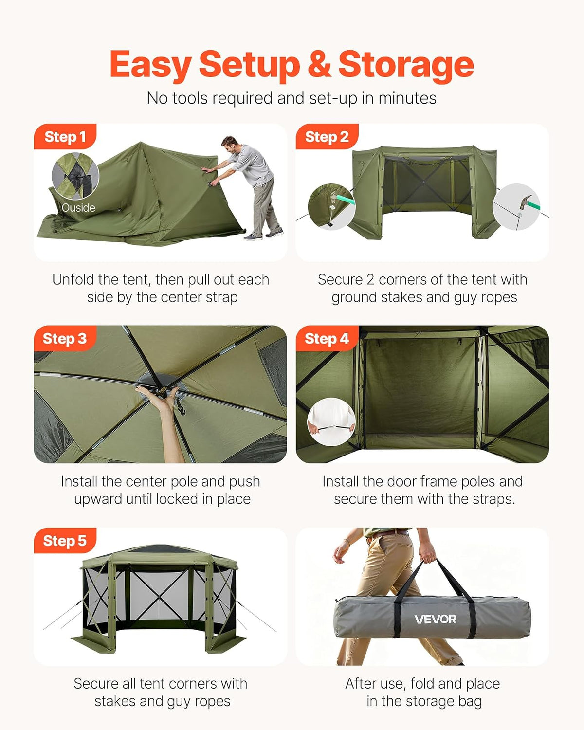 VEVOR Carpa Plegable de 6 Lados 3,6 x 3,6 m, Pérgola de Jardín con Techo Desmontable y Bolsa de Transporte, Carpa de Exterior para 8 a 10 Personas, para Fiesta, Camping, Playa, Patio, Jardín, Verde