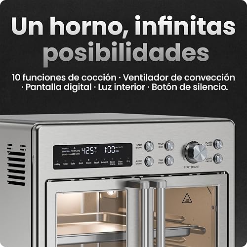Horno tostador con freidora de aire Chefman de dos puertas, 10 en 1: freidora de aire, horno, asador, cocción lenta, 24 litros, capacidad para pizza de 30 cm o pollo de 1.8 kg. Acero inoxidable.