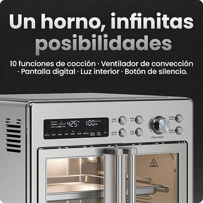 Horno tostador con freidora de aire Chefman de dos puertas, 10 en 1: freidora de aire, horno, asador, cocción lenta, 24 litros, capacidad para pizza de 30 cm o pollo de 1.8 kg. Acero inoxidable.