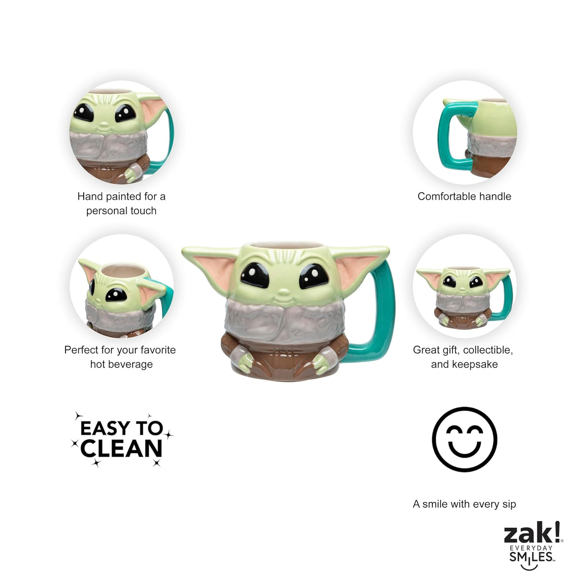 Zak Designs Star Wars The Mandalorian - Taza de café de cerámica esculpida para bebidas calientes, recuerdo coleccionable con carácter 3D único (12 onzas, Grogu)