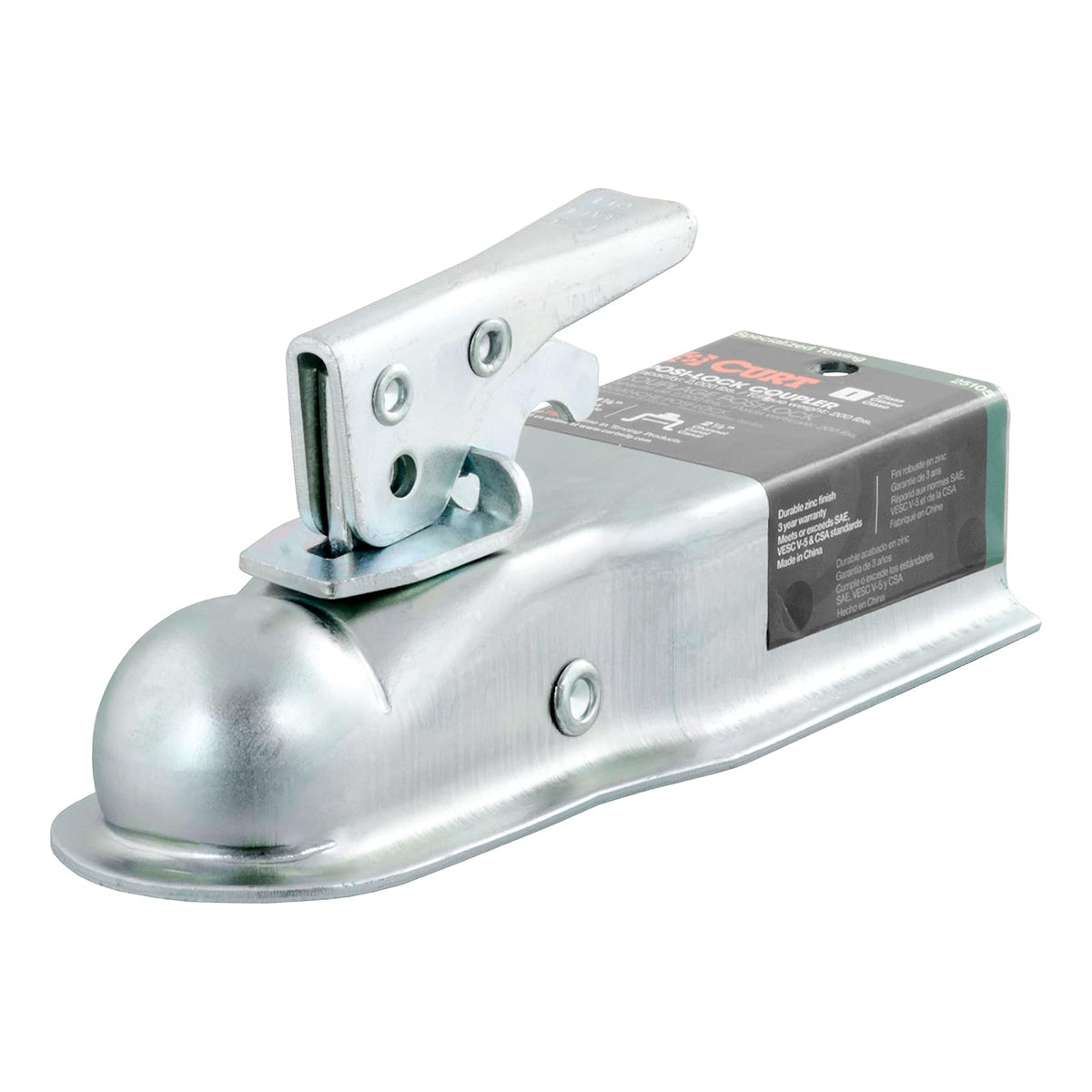 CURT 25105 Acoplador de Remolque de Lengua Recta para Canal 2-1/2 in, Bola 1-7/8 in, Zinc Transparente