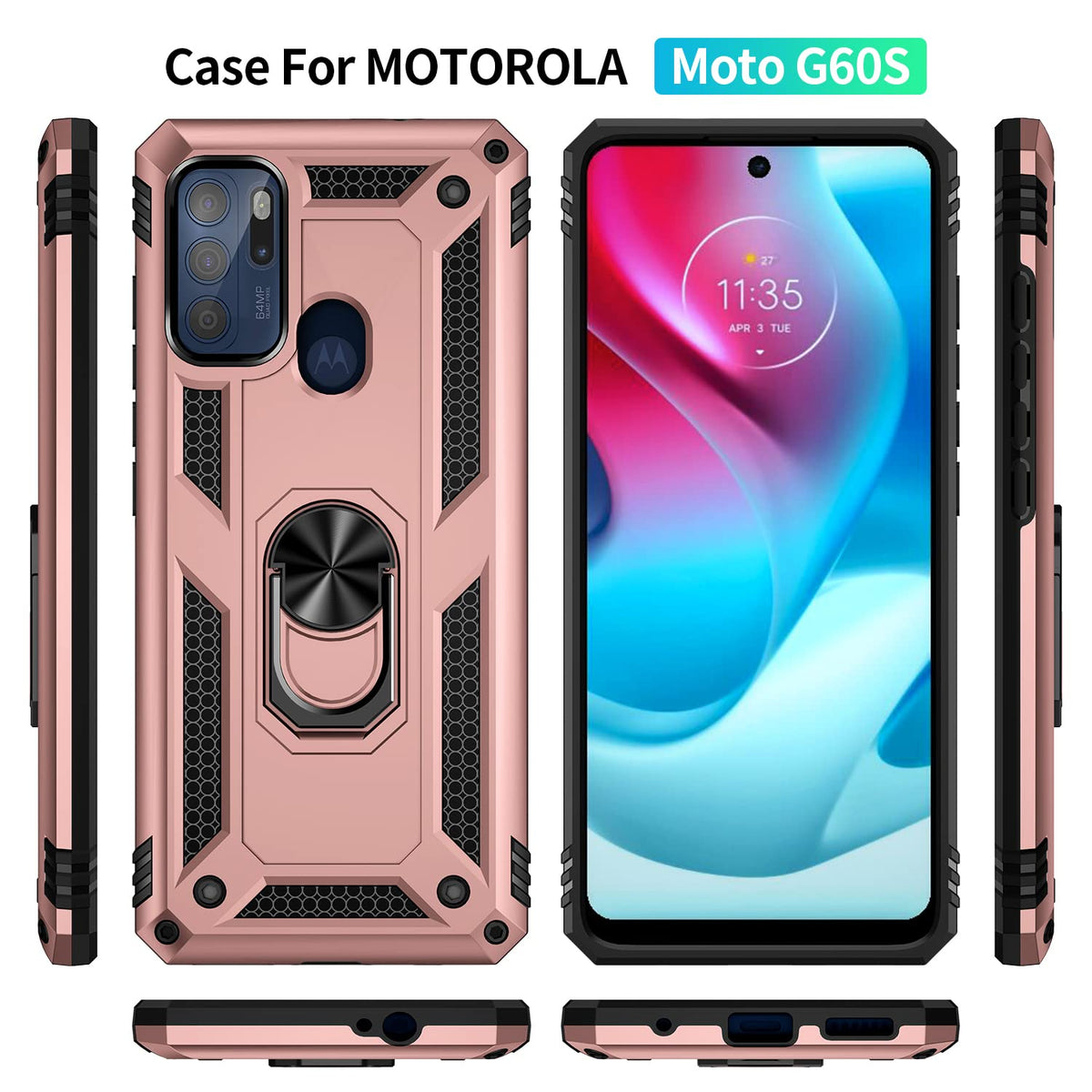 BestAlice.MX Funda para Motorola Moto G60S Case + Protector de Pantalla de Cristal Templado + Lens Mica, Híbrida Rugged Protección Dual Layer Bumper Carcasa con Pie De Apoyo, Oro Rosa